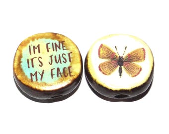 1 Ceramic Double Sided Quote Bead Porcelain Handmade 19mm CC4-4