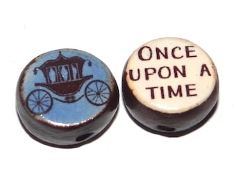 1 Ceramic Double Sided Quote Bead Porcelain Handmade 18mm Fairytale PP4-4