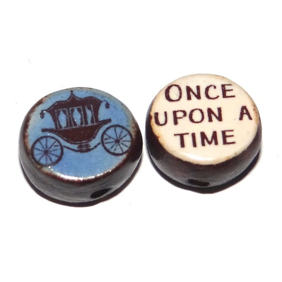 1 Ceramic Double Sided Quote Bead Porcelain Handmade 18mm Fairytale PP4-4