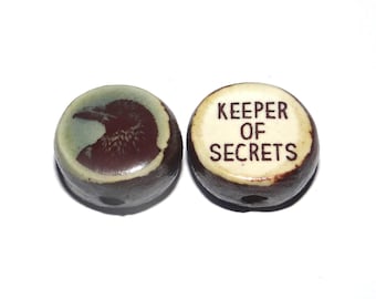 1 Ceramic Crow Raven Double Sided Quote Bead Porcelain Handmade 13mm BB9-4