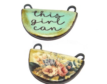 Ceramic Two Sided Floral Quote Pendant Handmade Focal Porcelain 30mm