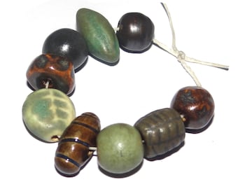 Ceramic Bead Set Textured Glazed Pottery Clay Handmade Porcelain 8-12mm
