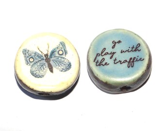 1 Ceramic Double Sided Quote Bead Porcelain Handmade 23mm CC4-4