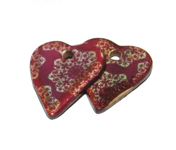 Ceramic Heart Earring Charms Pair Beads Handmade Rustic 18mm/0.7" CC3-1