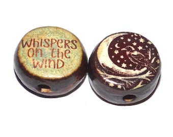 1 Ceramic Raven Moon Two Sided Quote Bead Porcelain Handmade 15mm BB5-1