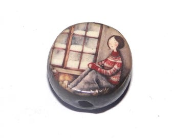 Ceramic A Snowy Day Focal Bead Handmade Pottery Beads 16mm PP7-4
