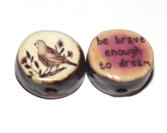 1 Ceramic Bird Double Sided Quote Bead Porcelain Handmade 15mm BB6-4