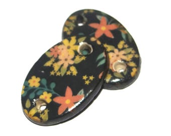 Ceramic Floral Patterned Oval Charms Beads Pair Porcelain 23mm PP1-4