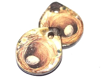 Ceramic Bird Nest Charms Beads Pair Porcelain 18mm CC10-3