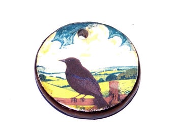 Ceramic Black Bird Pendant Handmade Focal Porcelain 25mm CC7-1