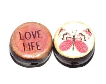 1 Ceramic Two Sided Quote Bead Butterfly Handmade  16-18mm BB2-3