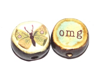 1 Ceramic Two Sided Quote Bead Butterfly Handmade  16-18mm BB2-2