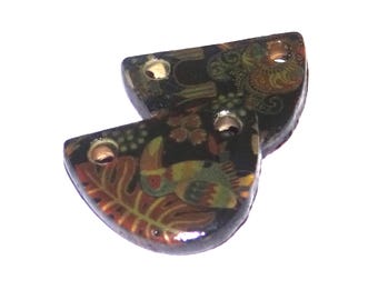 Ceramic Floral Patterned Rustic Charms Beads Pair Porcelain 15mm PP2-4