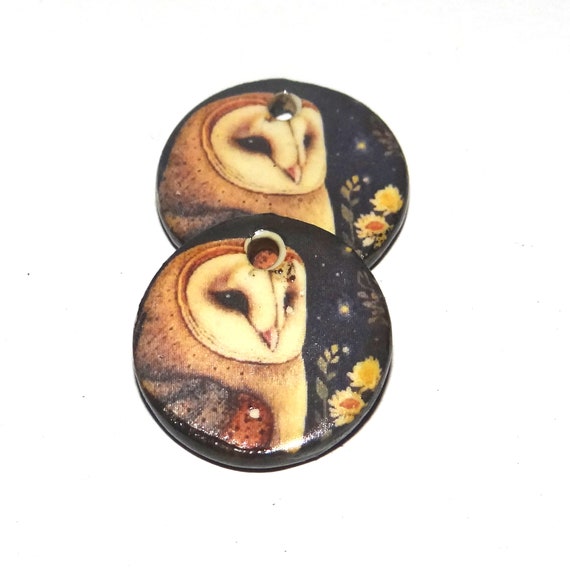 Ceramic Owl Charms Earring Pair Beads Handmade Rustic 18mm/0.7" CC2-3