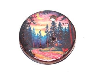 Ceramic Forest Pendant Handmade Focal Porcelain 26mm CC7-1