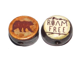 1 Ceramic Bear Double Sided Quote Bead Porcelain Handmade 15mm BB4-3
