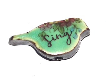 Ceramic Bird Bead Focal Handmade Rustic Floral Quote Word Porcelain 30mm PP2-1