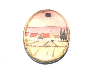 Ceramic Village Landscape Pendant Handmade Focal Porcelain 24mm PP1-1