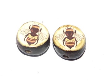 Ceramic Bee Beads Pair Porcelain 15mm CC10-4