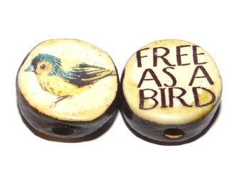 1 Ceramic Double Sided Quote Bead Porcelain Handmade  18mm CC9-3