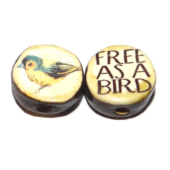 1 Ceramic Double Sided Quote Bead Porcelain Handmade  18mm CC9-3