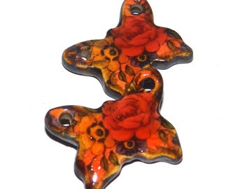 Ceramic Butterfly Floral Patterned Charms Earring Bead Pair 23mm CC2-2
