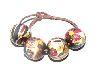 Ceramic Floral Bead Set Handmade Porcelain 11-12mm