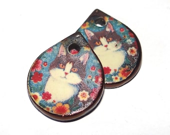 Ceramic Cat Earring Charms Beads Pair Porcelain 18mm CC3-3