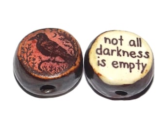 1 Ceramic Raven Two Sided Quote Bead Porcelain Handmade 15mm BB7-4