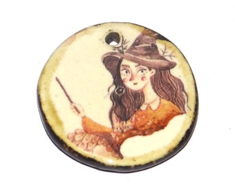 Ceramic Witch Pendant Handmade Focal Porcelain 30mm CC5-4