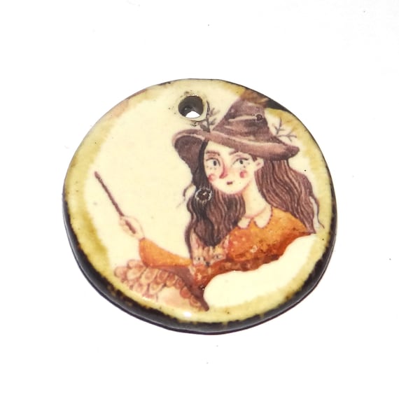 Ceramic Witch Pendant Handmade Focal Porcelain 30mm CC5-4