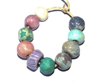 Ceramic Bead Set Textured Glazed Pottery Clay Handmade Porcelain 8-15mm