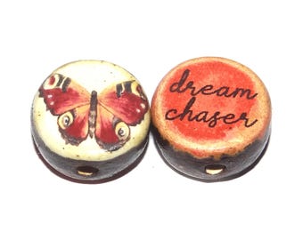 1 Ceramic Two Sided Quote Bead Butterfly Porcelain Handmade  16-18mm BB4-1
