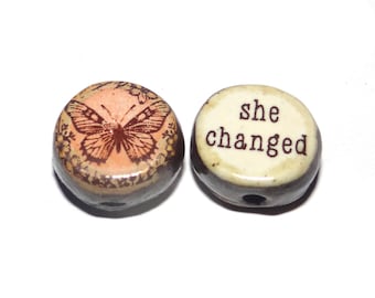 1 Ceramic Butterfly Double Sided Quote Bead Porcelain Handmade 13mm BB9-3