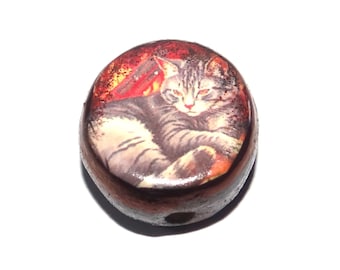 Ceramic Cat Focal Bead Handmade Pottery Beads 17-18mm BB7-1