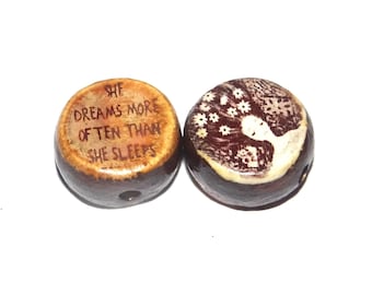 1 Ceramic Two Sided Quote Bead Flower Porcelain Handmade  16-18mm PP6-2