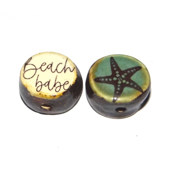 1 Ceramic Double Sided Quote Bead Porcelain Handmade 18mm CC4-3