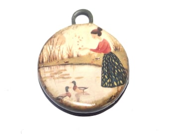 Ceramic Feeding The Ducks Charm Pendant Porcelain Handmade 27mm CC9-4