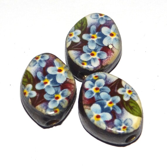 Ceramic Flower Beads Trio Porcelain Handmade 18mm CC10-1
