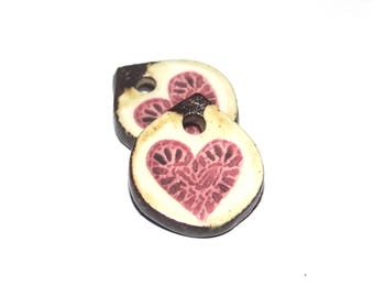 Ceramic Heart Charms Beads Pair Handmade 14mm PP2-3