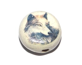 Ceramic Wolf Focal Bead Handmade Pottery Beads 17mm PP6-1
