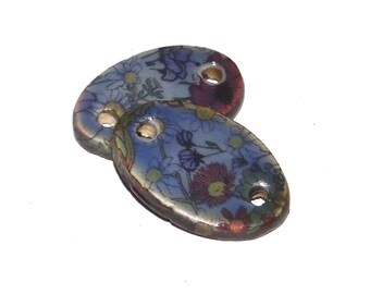 Ceramic Floral Patterned Oval Charms Beads Pair Porcelain 23mm PP1-4