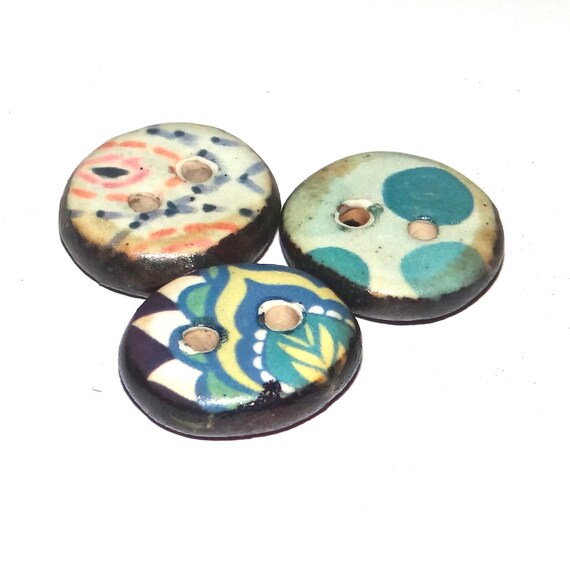 Ceramic Floral Patterned Buttons Porcelain Handmade Unique Rustic 15mm CC8-2