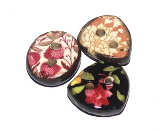 Ceramic Floral Patterned Buttons Handmade Unique Rustic 13-15mm CC9-1