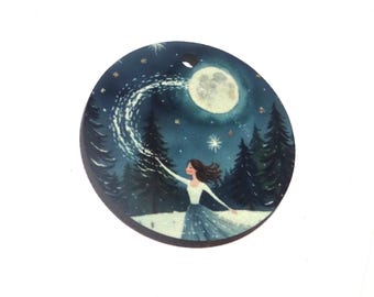 Wooden Two Sided Winter Snow Pendant Handmade 30mm MM7-1