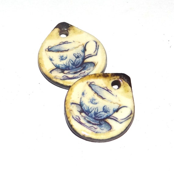 Ceramic Tea Cup Charms Earring Pair Beads Handmade Rustic 18mm/0.7" CC2-3