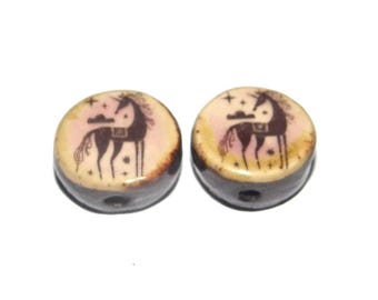 Ceramic Unicorn Beads Pair Porcelain 15mm CC10-2