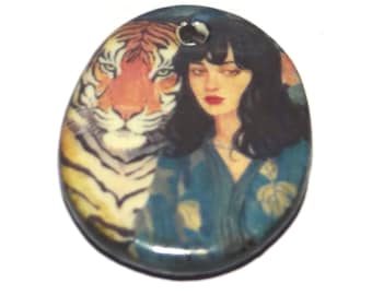 Ceramic Tiger & Woman Pendant Handmade Focal Porcelain 30mm CC7-4