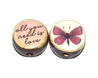 1 Ceramic Two Sided Quote Bead Butterfly Porcelain Handmade  16-18mm BB4-2