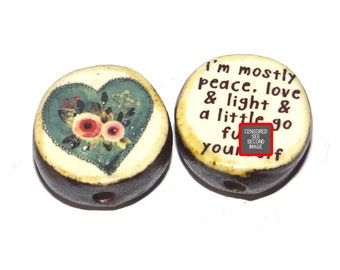 1 Ceramic Heart Bead Two Sided Quote Beads Porcelain Handmade  20mm